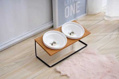 Cute Cat Bowl High-End Pet Bowl Bamboo Shelf Ceramic Feeding and Drinking Bowls for Dogs and Cats Pet Feeder Dog Double Bowls
