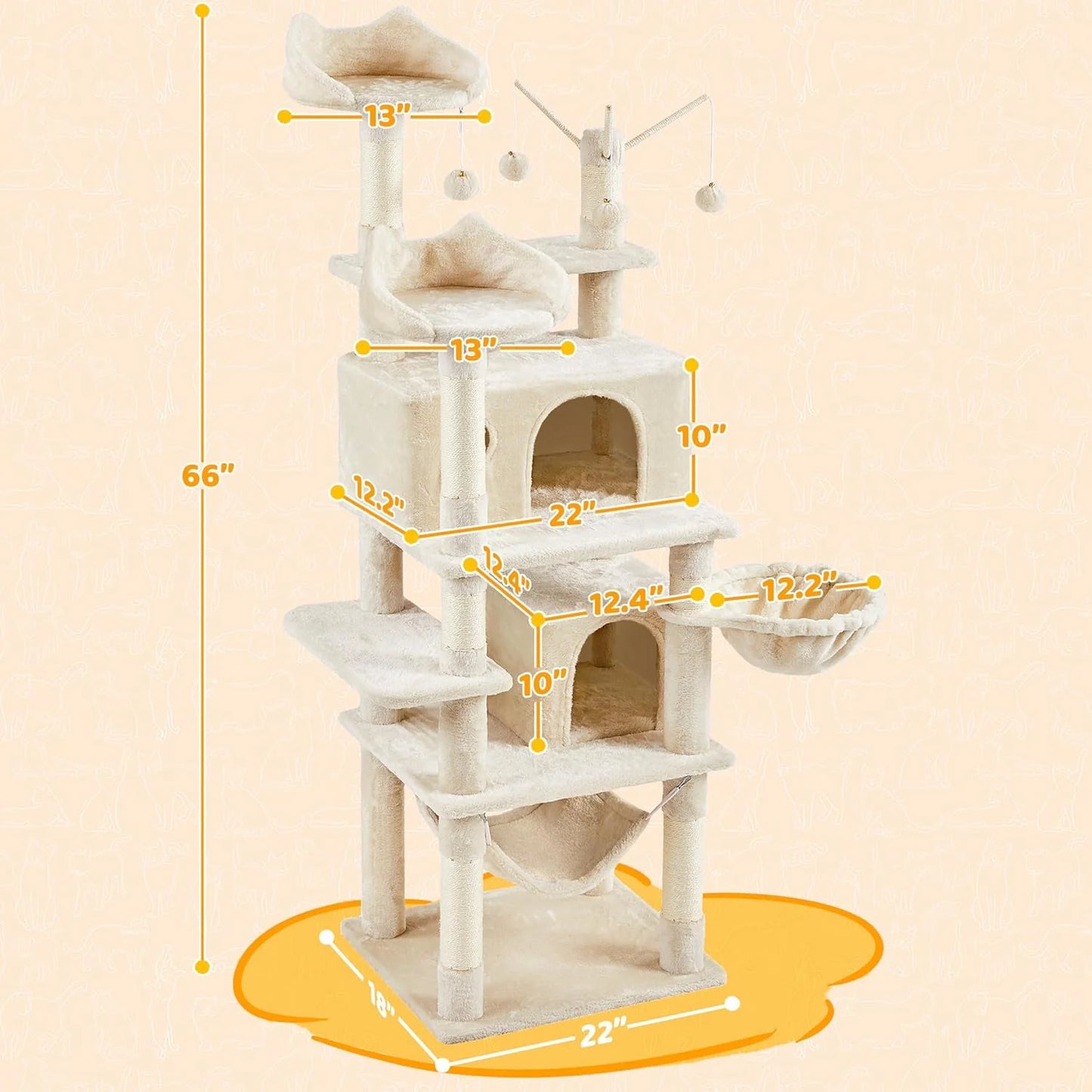 Cat Tree, 67In Large Tower W/ 3 Removable Teaser Sticks, 2 Kitten-Ear Shaped Perches, 2 Condos, Hammock, Scratching Post, Multi Level Pet House, Beige