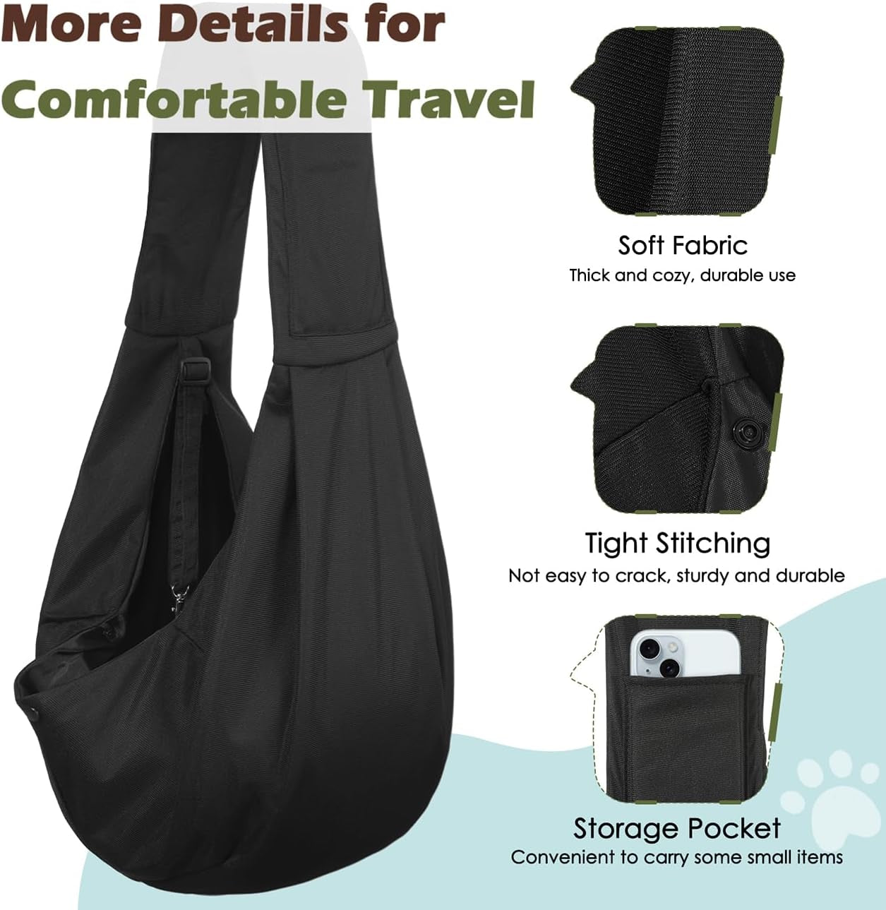 Small Dog Sling Carrier, Reversible Hands Free Dog Sling Carrier for Small Dogs Cats, Puppy Slings Carriers with Adjustable Safety Harness, Puppy Essentials, Black