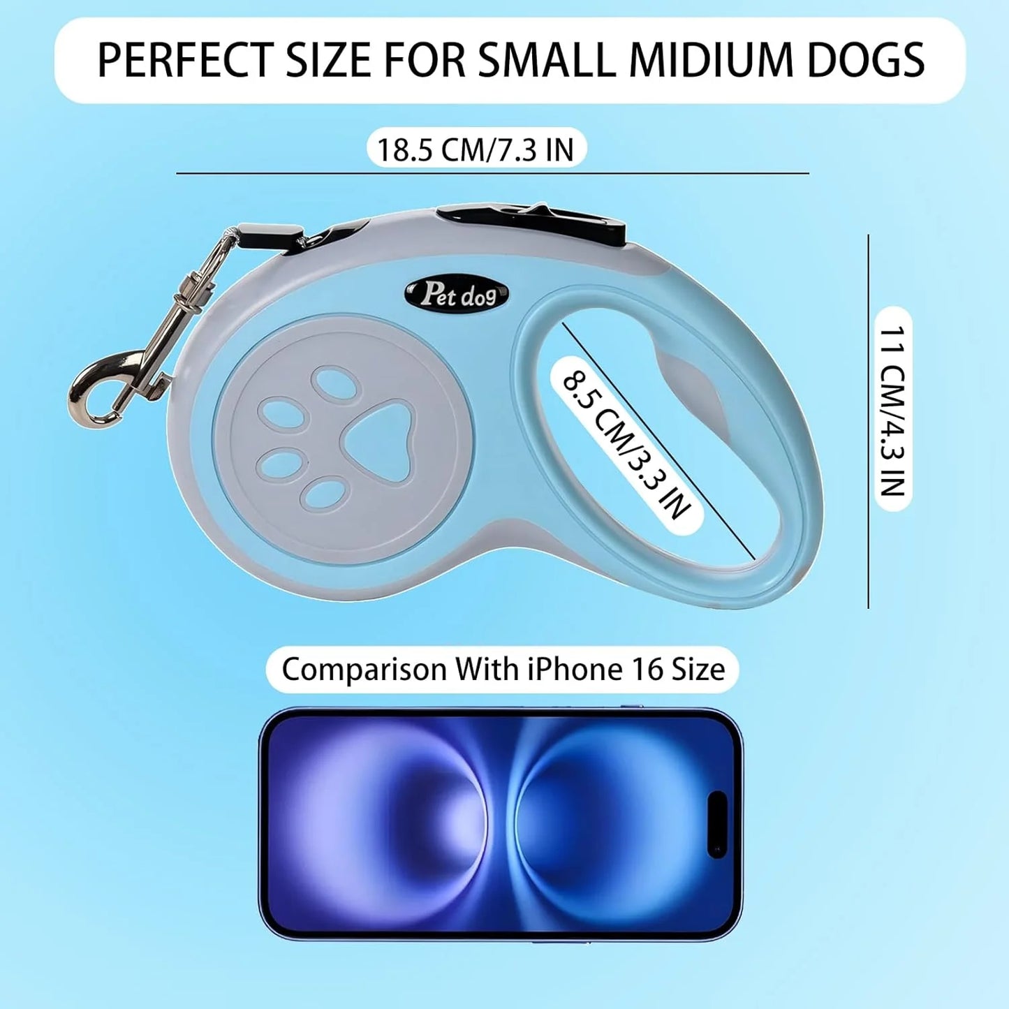 Dog Leash, VELIGOOD 5M/16FT Extendable Dog Lead with Strong Nylon Tape Tangle-Free One-Handed Brake, Pause, Lock for Small Medium Dogs (Blue)