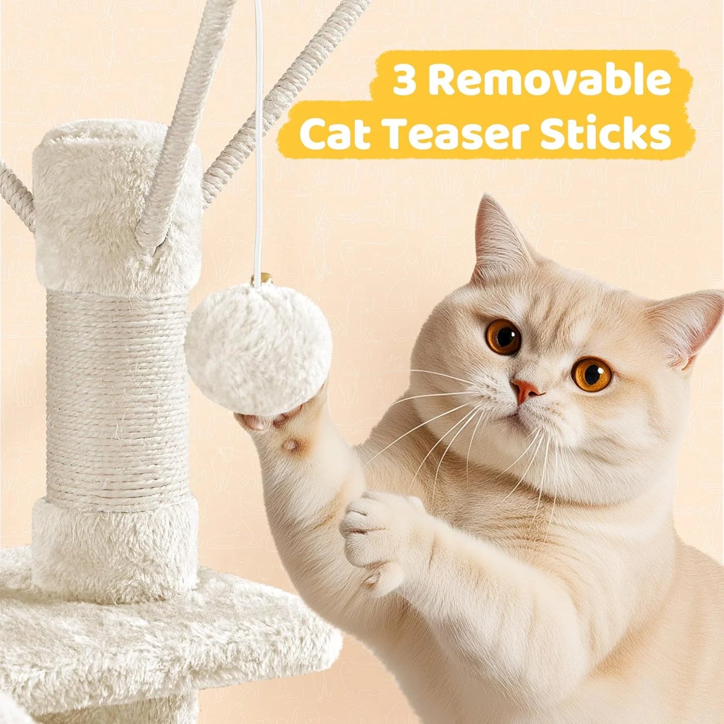 Cat Tree, 67In Large Tower W/ 3 Removable Teaser Sticks, 2 Kitten-Ear Shaped Perches, 2 Condos, Hammock, Scratching Post, Multi Level Pet House, Beige