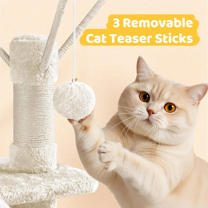 Cat Tree, 67In Large Tower W/ 3 Removable Teaser Sticks, 2 Kitten-Ear Shaped Perches, 2 Condos, Hammock, Scratching Post, Multi Level Pet House, Beige