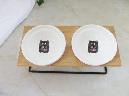 Cute Cat Bowl High-End Pet Bowl Bamboo Shelf Ceramic Feeding and Drinking Bowls for Dogs and Cats Pet Feeder Dog Double Bowls