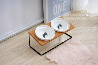 Cute Cat Bowl High-End Pet Bowl Bamboo Shelf Ceramic Feeding and Drinking Bowls for Dogs and Cats Pet Feeder Dog Double Bowls