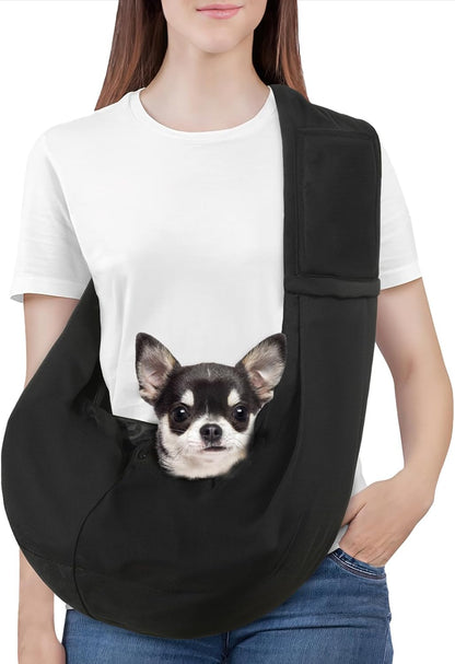 Small Dog Sling Carrier, Reversible Hands Free Dog Sling Carrier for Small Dogs Cats, Puppy Slings Carriers with Adjustable Safety Harness, Puppy Essentials, Black
