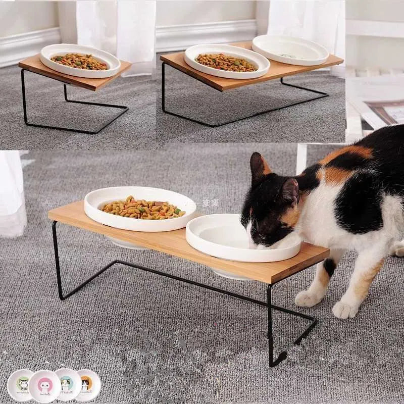 Cute Cat Bowl High-End Pet Bowl Bamboo Shelf Ceramic Feeding and Drinking Bowls for Dogs and Cats Pet Feeder Dog Double Bowls