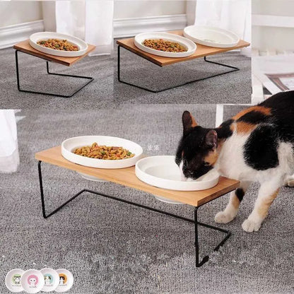 Cute Cat Bowl High-End Pet Bowl Bamboo Shelf Ceramic Feeding and Drinking Bowls for Dogs and Cats Pet Feeder Dog Double Bowls