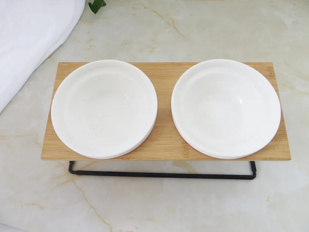 Cute Cat Bowl High-End Pet Bowl Bamboo Shelf Ceramic Feeding and Drinking Bowls for Dogs and Cats Pet Feeder Dog Double Bowls