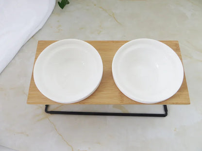 Cute Cat Bowl High-End Pet Bowl Bamboo Shelf Ceramic Feeding and Drinking Bowls for Dogs and Cats Pet Feeder Dog Double Bowls