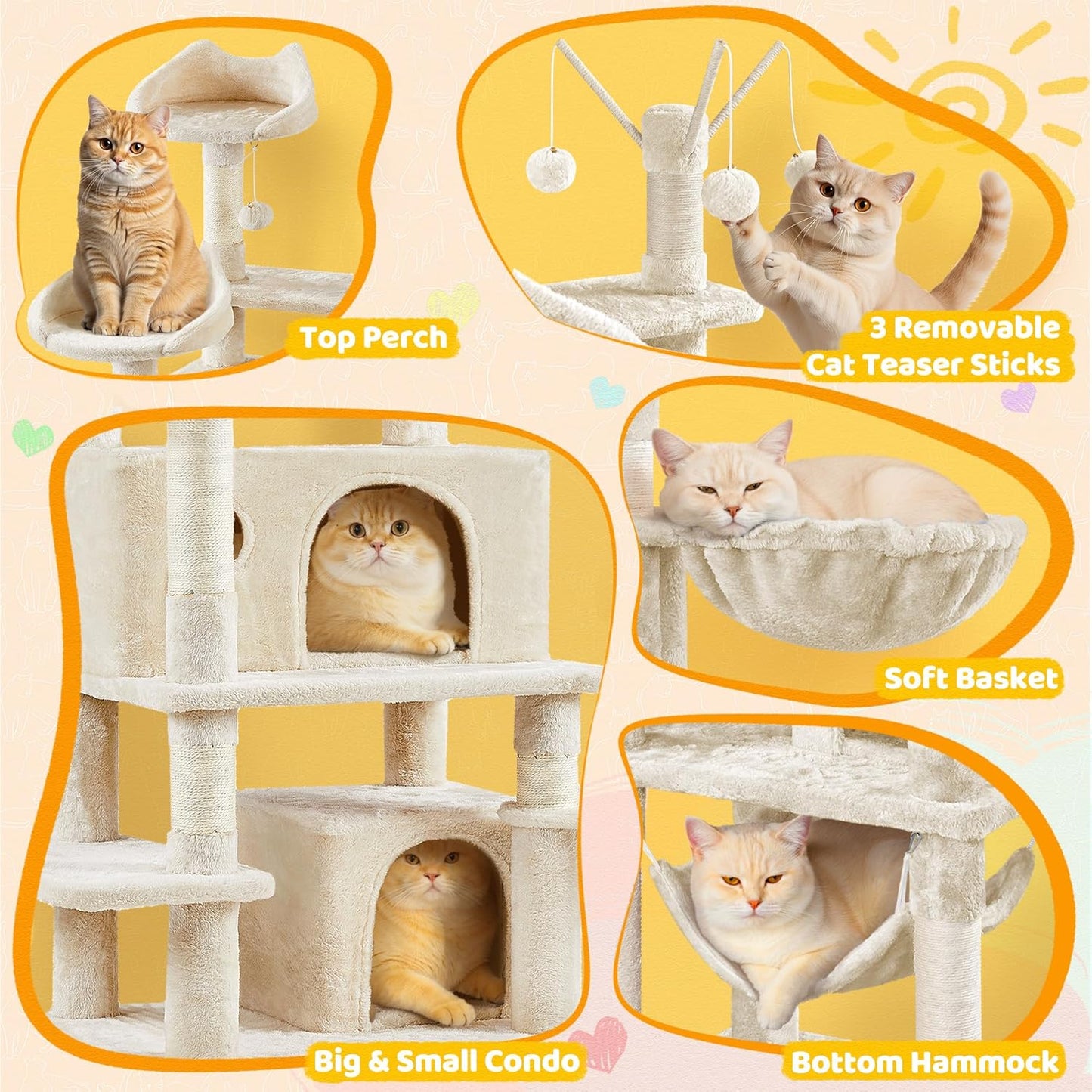 Cat Tree, 67In Large Tower W/ 3 Removable Teaser Sticks, 2 Kitten-Ear Shaped Perches, 2 Condos, Hammock, Scratching Post, Multi Level Pet House, Beige