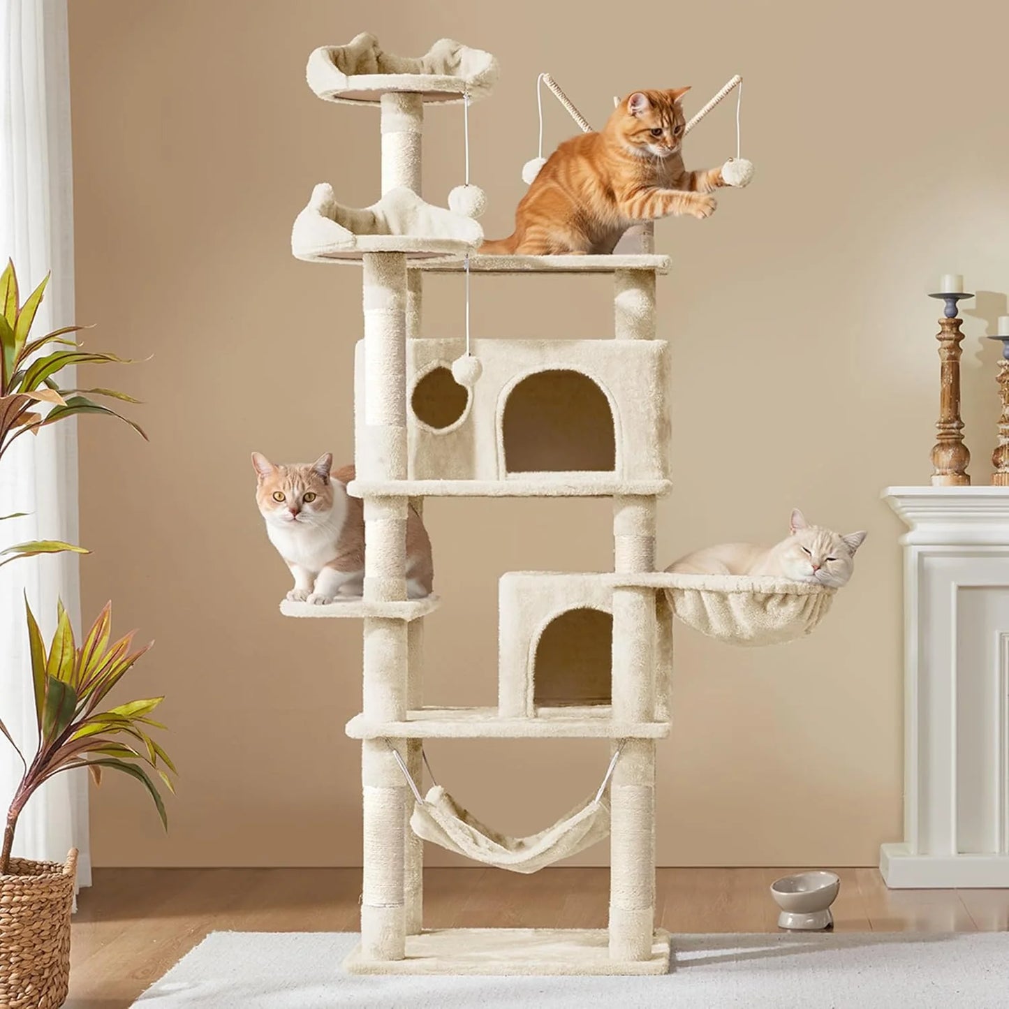 Cat Tree, 67In Large Tower W/ 3 Removable Teaser Sticks, 2 Kitten-Ear Shaped Perches, 2 Condos, Hammock, Scratching Post, Multi Level Pet House, Beige