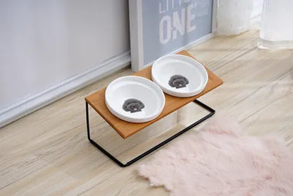 Cute Cat Bowl High-End Pet Bowl Bamboo Shelf Ceramic Feeding and Drinking Bowls for Dogs and Cats Pet Feeder Dog Double Bowls