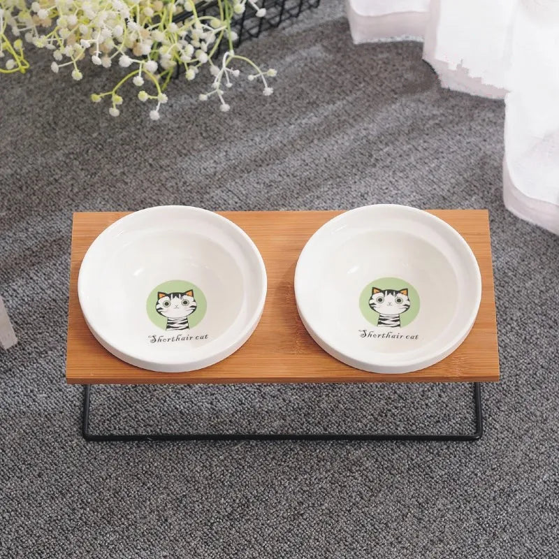 Cute Cat Bowl High-End Pet Bowl Bamboo Shelf Ceramic Feeding and Drinking Bowls for Dogs and Cats Pet Feeder Dog Double Bowls