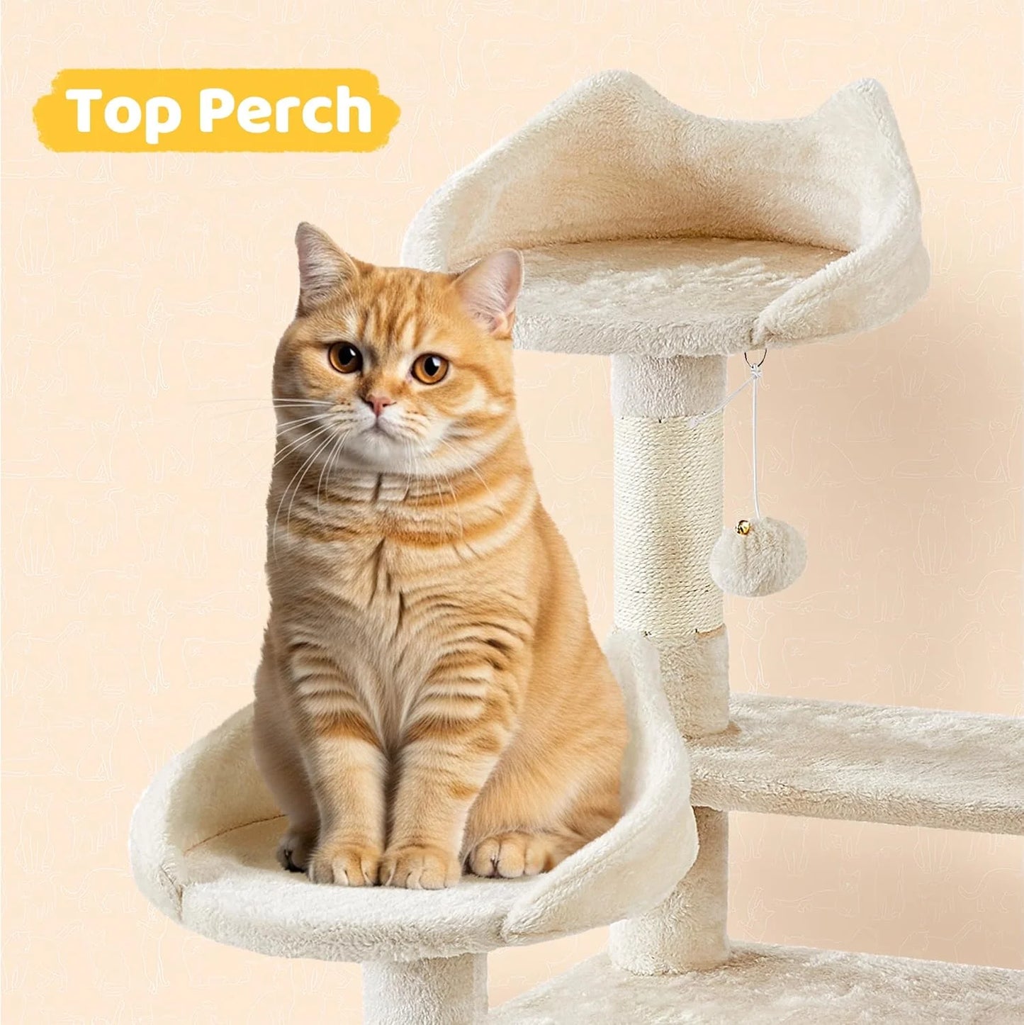 Cat Tree, 67In Large Tower W/ 3 Removable Teaser Sticks, 2 Kitten-Ear Shaped Perches, 2 Condos, Hammock, Scratching Post, Multi Level Pet House, Beige