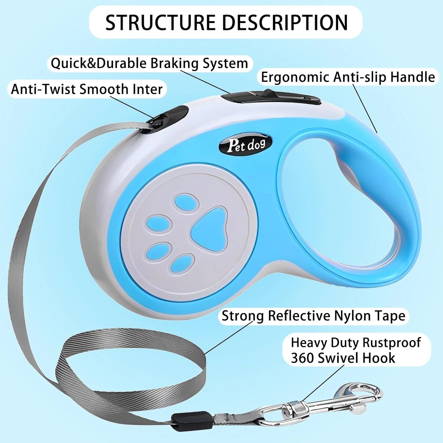 Dog Leash, VELIGOOD 5M/16FT Extendable Dog Lead with Strong Nylon Tape Tangle-Free One-Handed Brake, Pause, Lock for Small Medium Dogs (Blue)