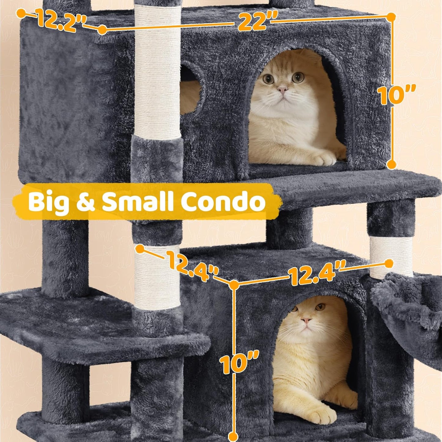 Yaheetech Cat Tree, 67In Large Tower W/ 3 Removable Teaser Sticks, 2 Kitten-Ear Shaped Perches, 2 Condos, Hammock, Scratching Post, Multi Level Pet House, Dark Gray